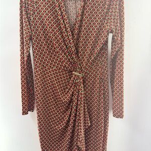 Michael Kors Red and Black Geometric Long Sleeve Dress